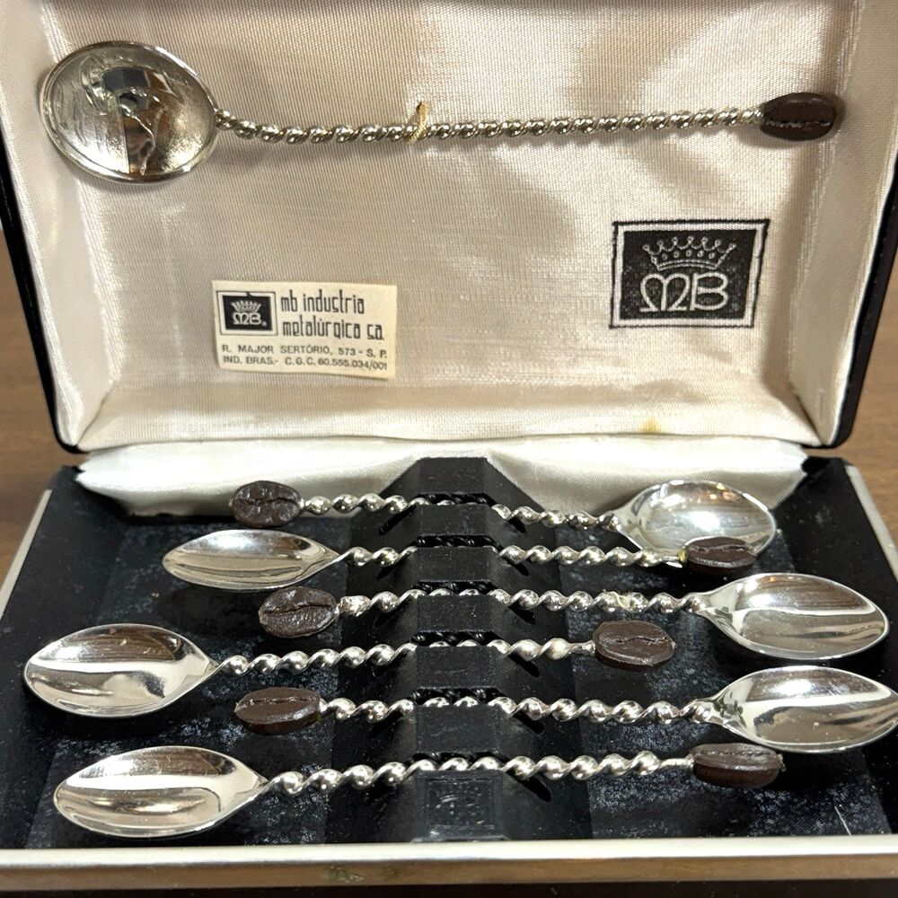 Demitasse Spoon Set 7 Twist Stem Coffee Beans MB Indústria Brazil Sailboat Box